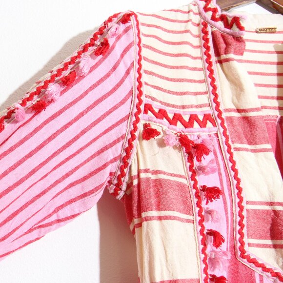 Dodo Bar Or Embroidered Stripe Midi Dress Tassel Fringe Pink Cotton Size Medium - Picture 7 of 14